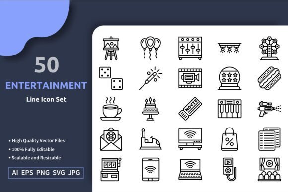 Download 50 Vector Entertainment Line Icon Set - Set Collection