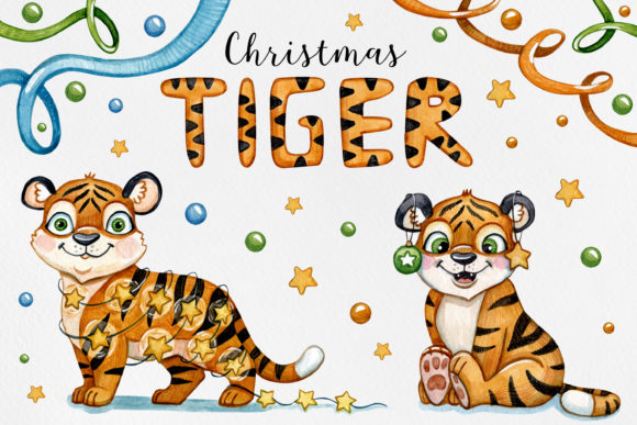 Download Watercolor Set Tiger Xmas Illustrations - Set Collection