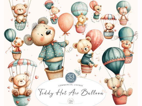 Download Teddy Bear Hot Air Balloon Clipart Set - Set Collection